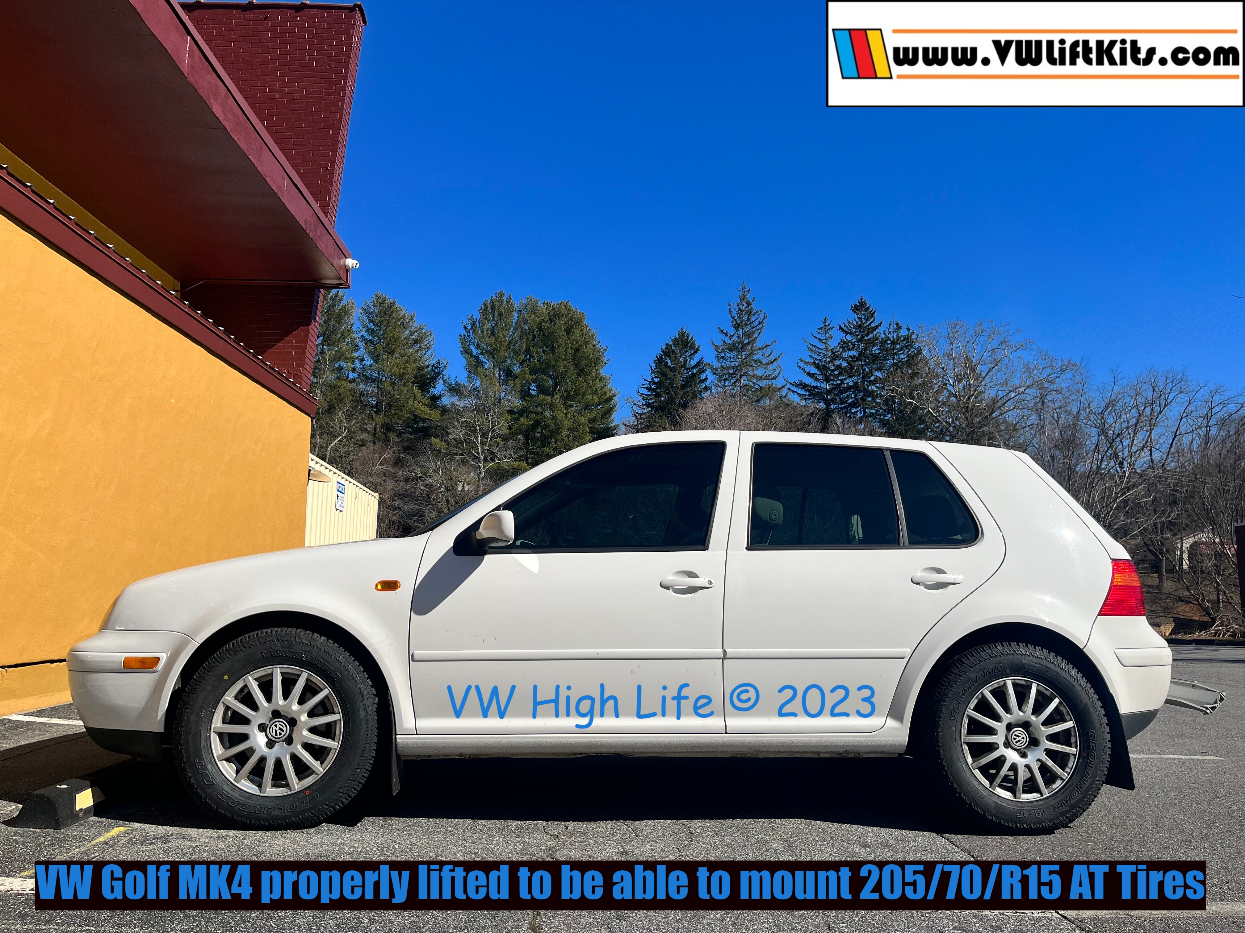 John properly lifted his MK4 Golf to make room for some 27-inch (205/70/R15) all-terrain tires.